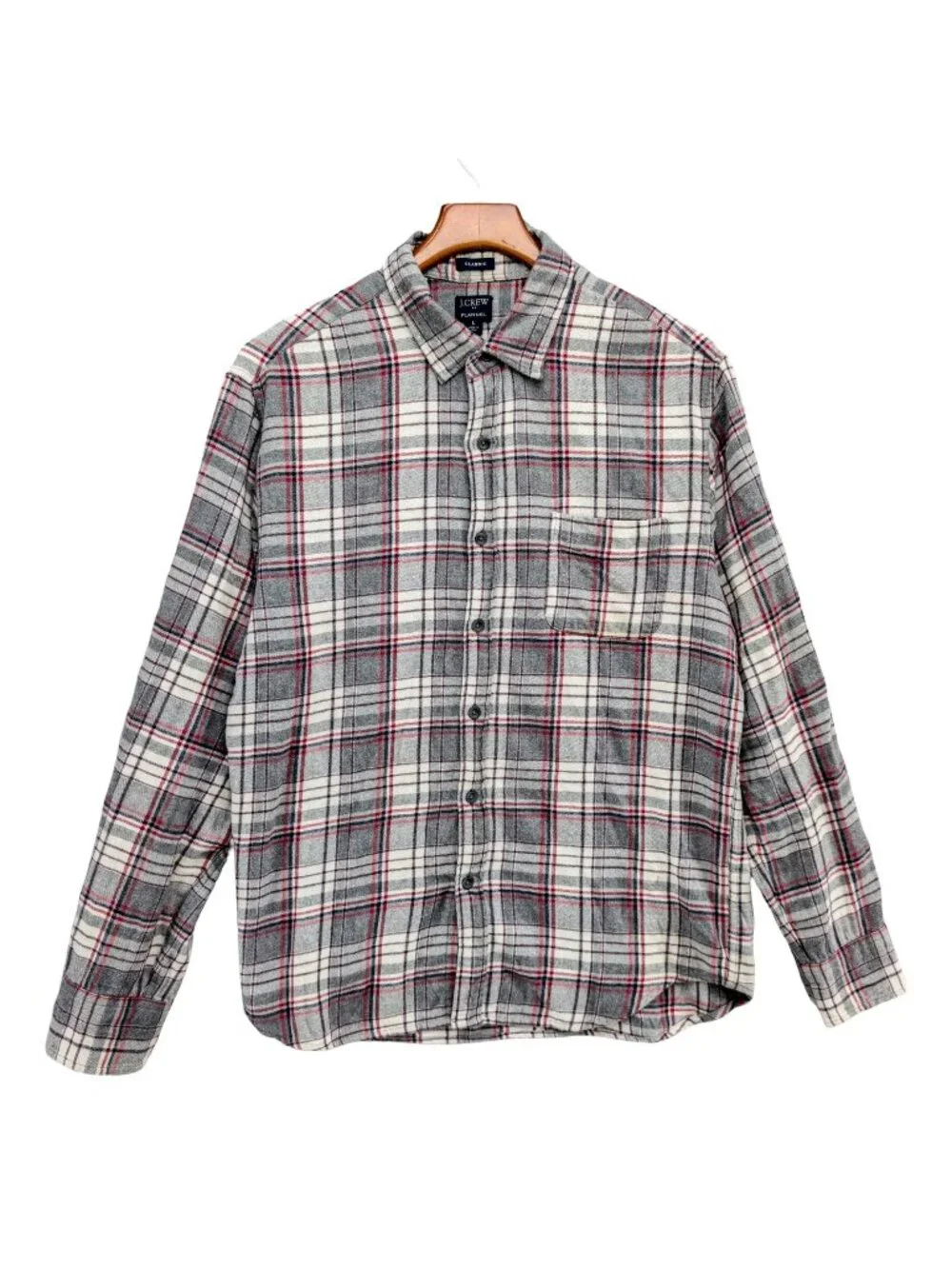 J.CREW Classic Flannel Shirt Mens Grey Red Long Sleeve Button Cotton Down Size L